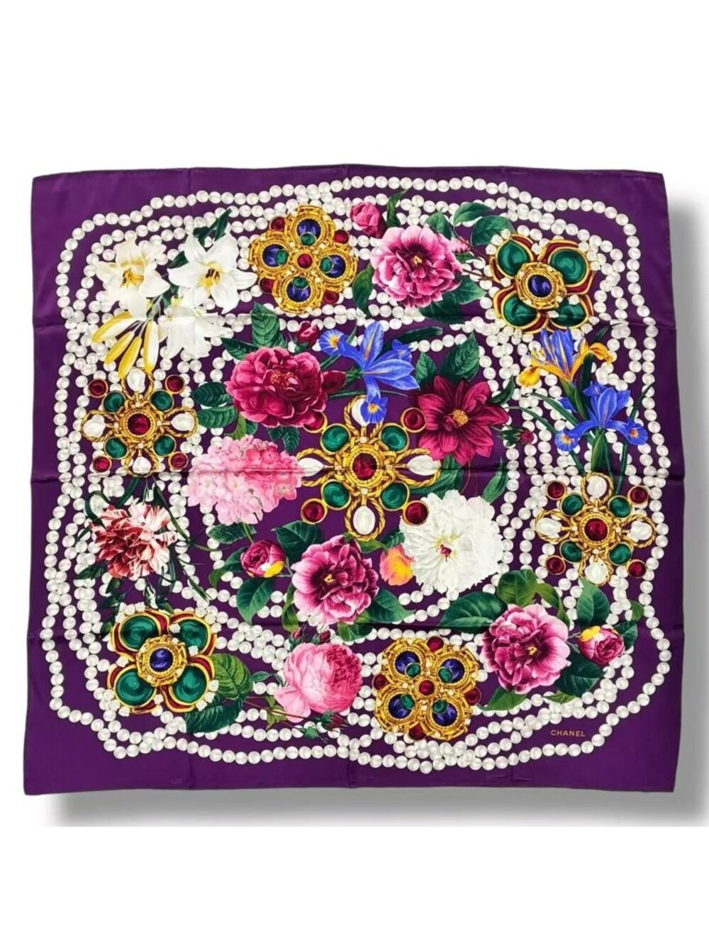 Chanel Scarf Silk Flower-&pearl Logo Purple
